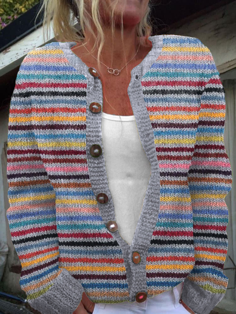 Women's Striped Knit Winter Cardigan | Button Down