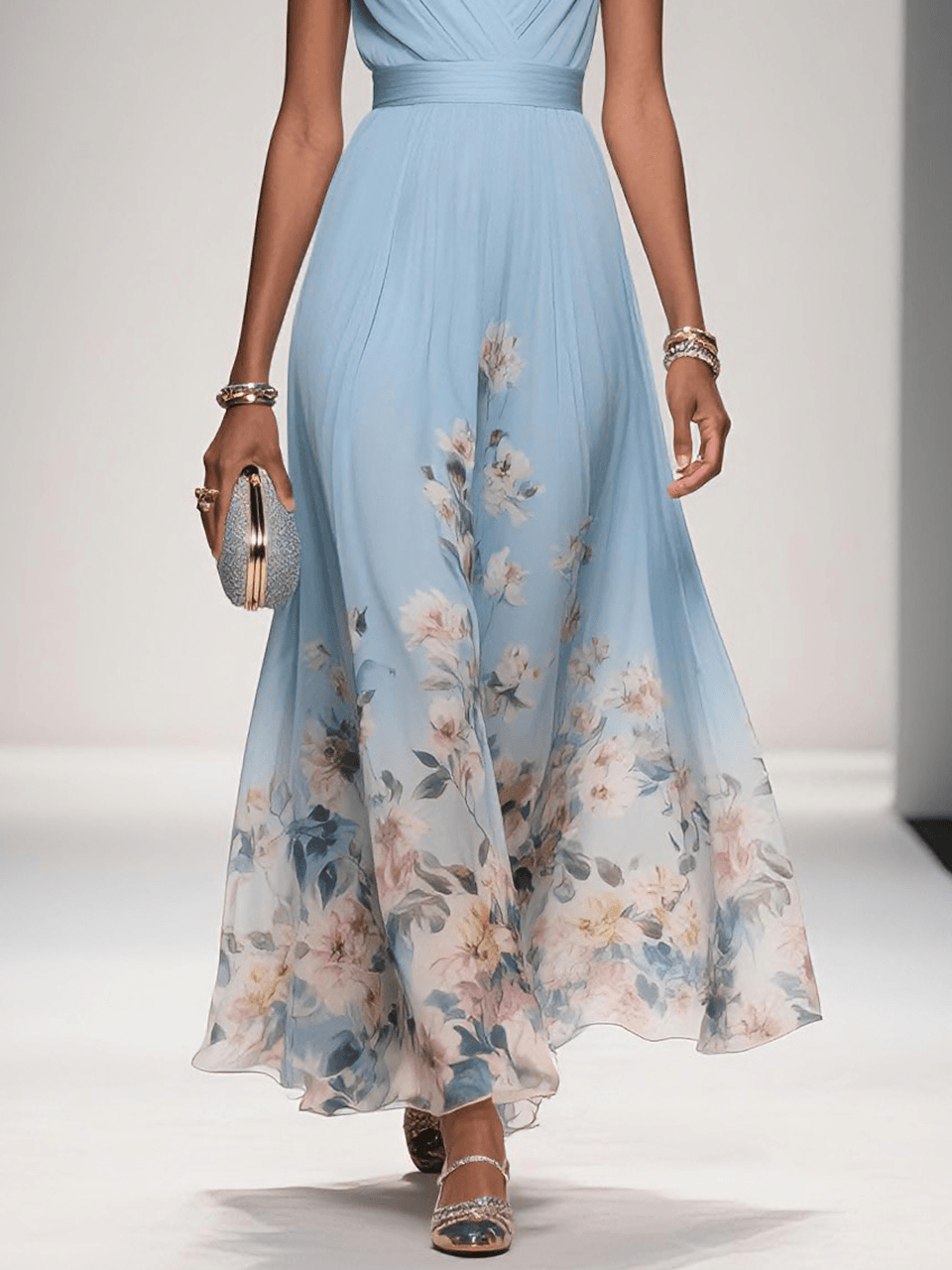 Women's Elegant Spring Floral Print Wedding Guest Dress | Maxi