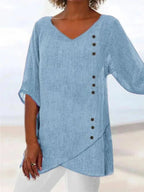 Women's Summer Blue V-Neck Blouse | 3/4 Sleeves
