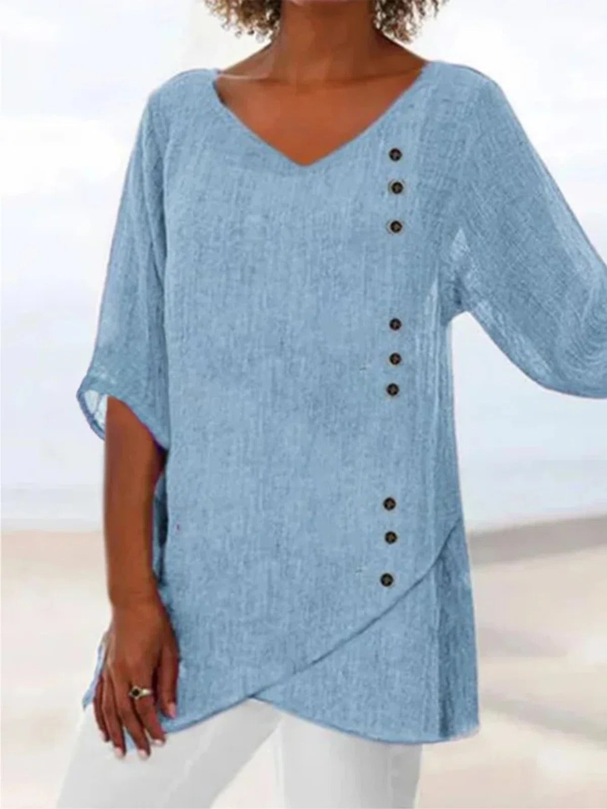 Women's Summer Blue V-Neck Blouse | 3/4 Sleeves