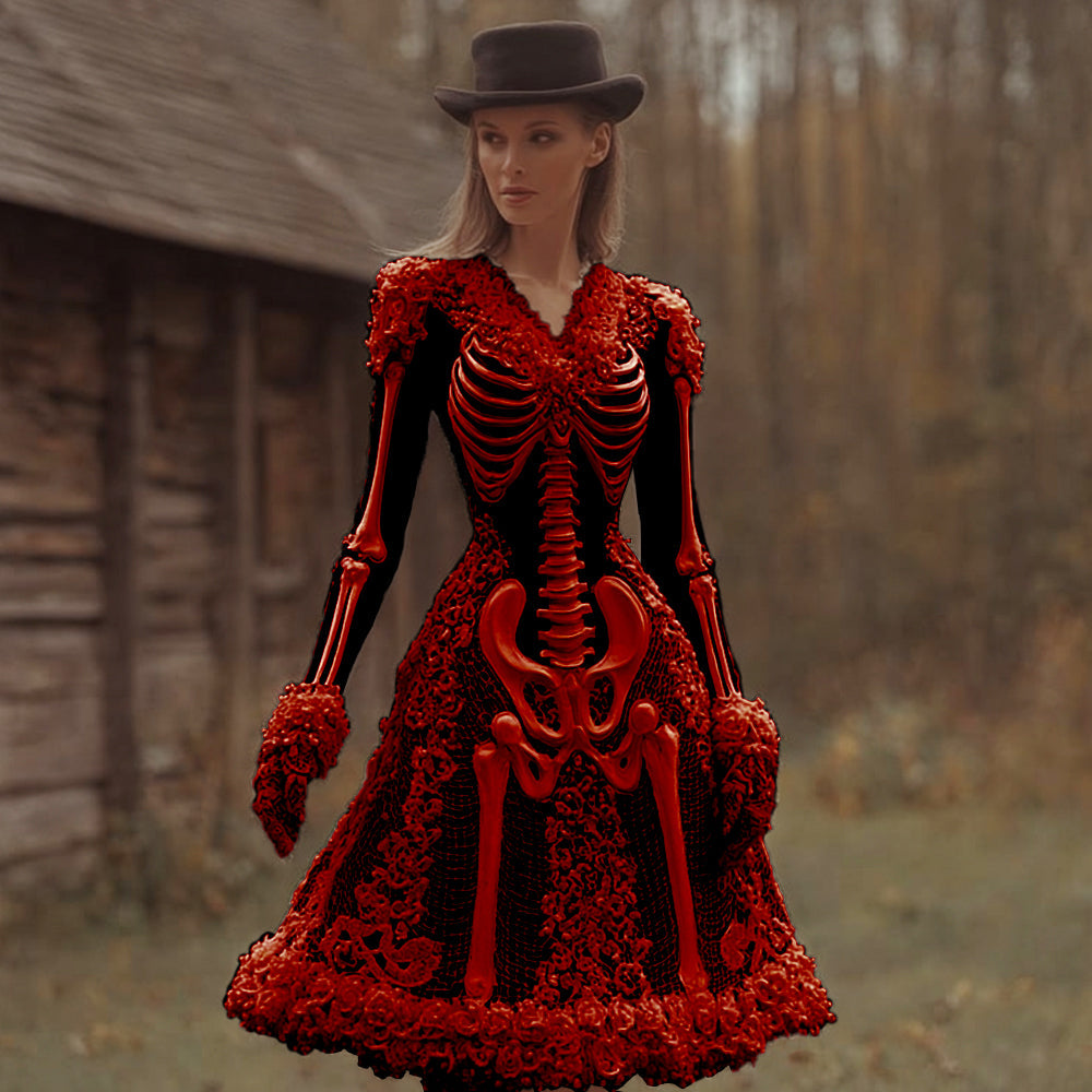 Women's V-Neck Long Sleeve Midi Dress | Halloween