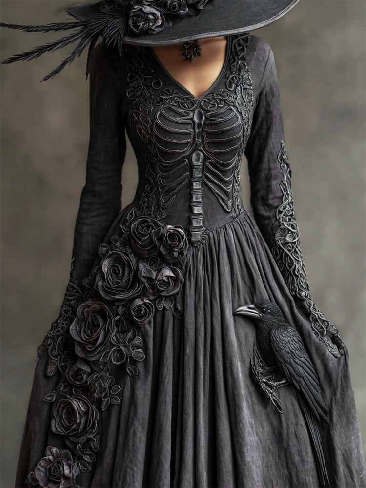 Women's Long Sleeve Black Floral Maxi Dress | Halloween