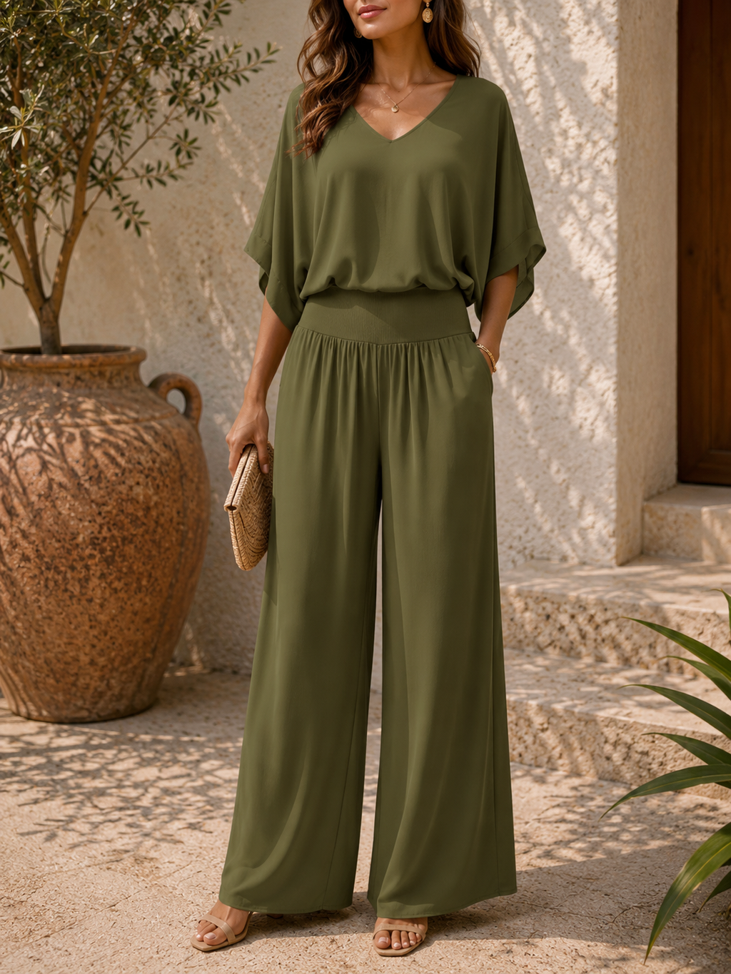 Women’s Elegant Loose Blouse and Wide-Leg Pants Set | Two-Piece