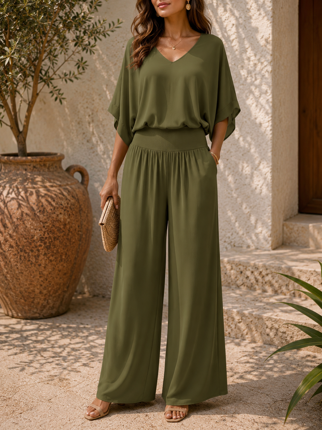 Women’s Elegant Loose Blouse and Wide-Leg Pants Set | Two-Piece