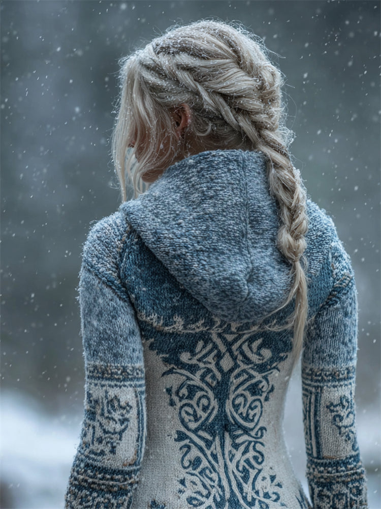 Women's Blue Winter Nordic Knit Sweater | Hooded