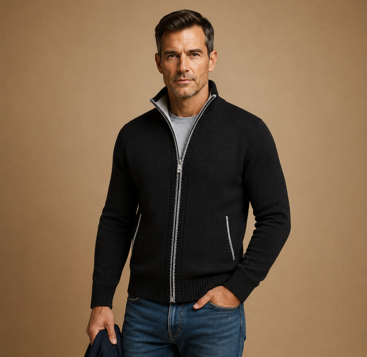 Men's Zip-Up Collared Cardigan | Ribbed Cuffs