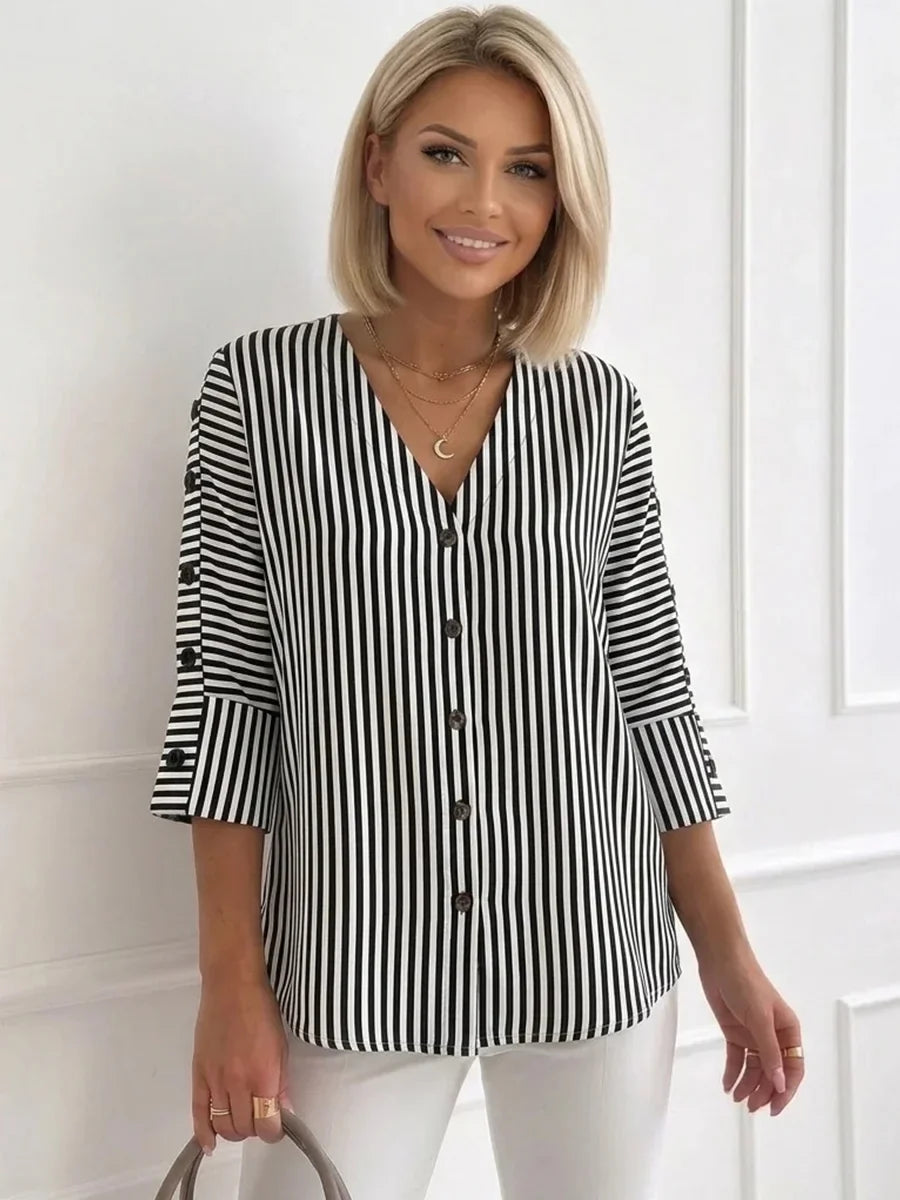 Women's Striped Button-Front Blouse | 3/4 Sleeve