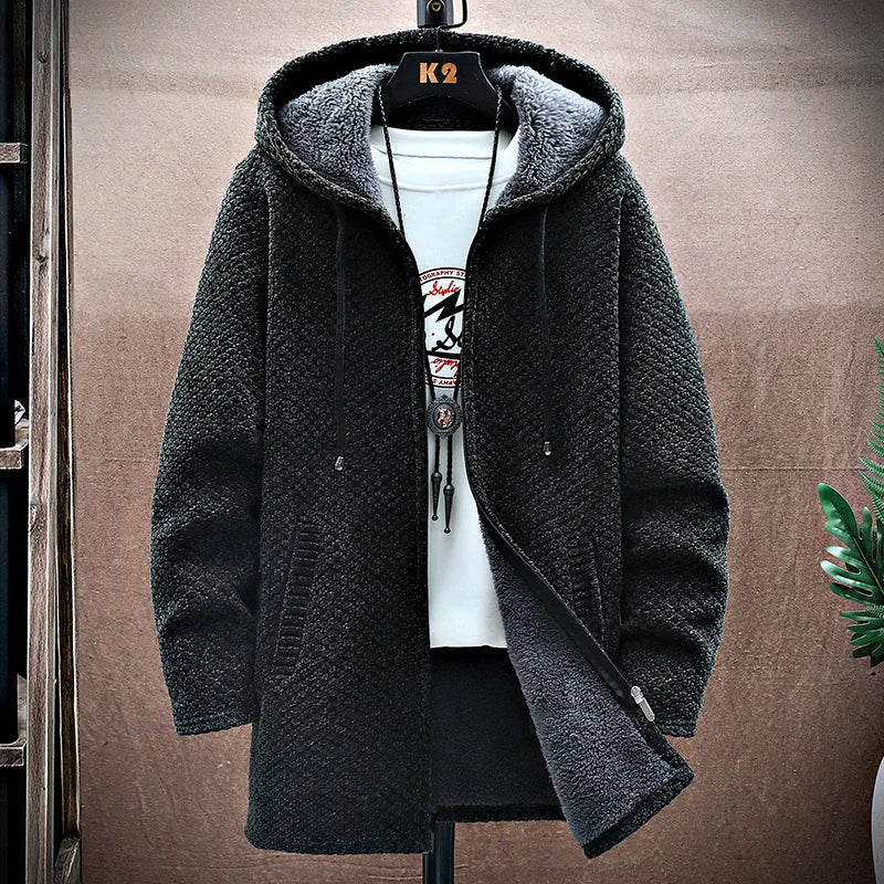 Men's Winter Knit Hooded Zip Up Jacket | Long