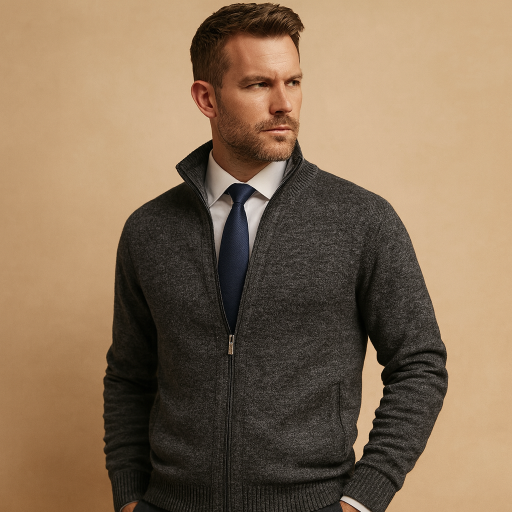 Men's Zip-Up Collared Cardigan | Ribbed Cuffs