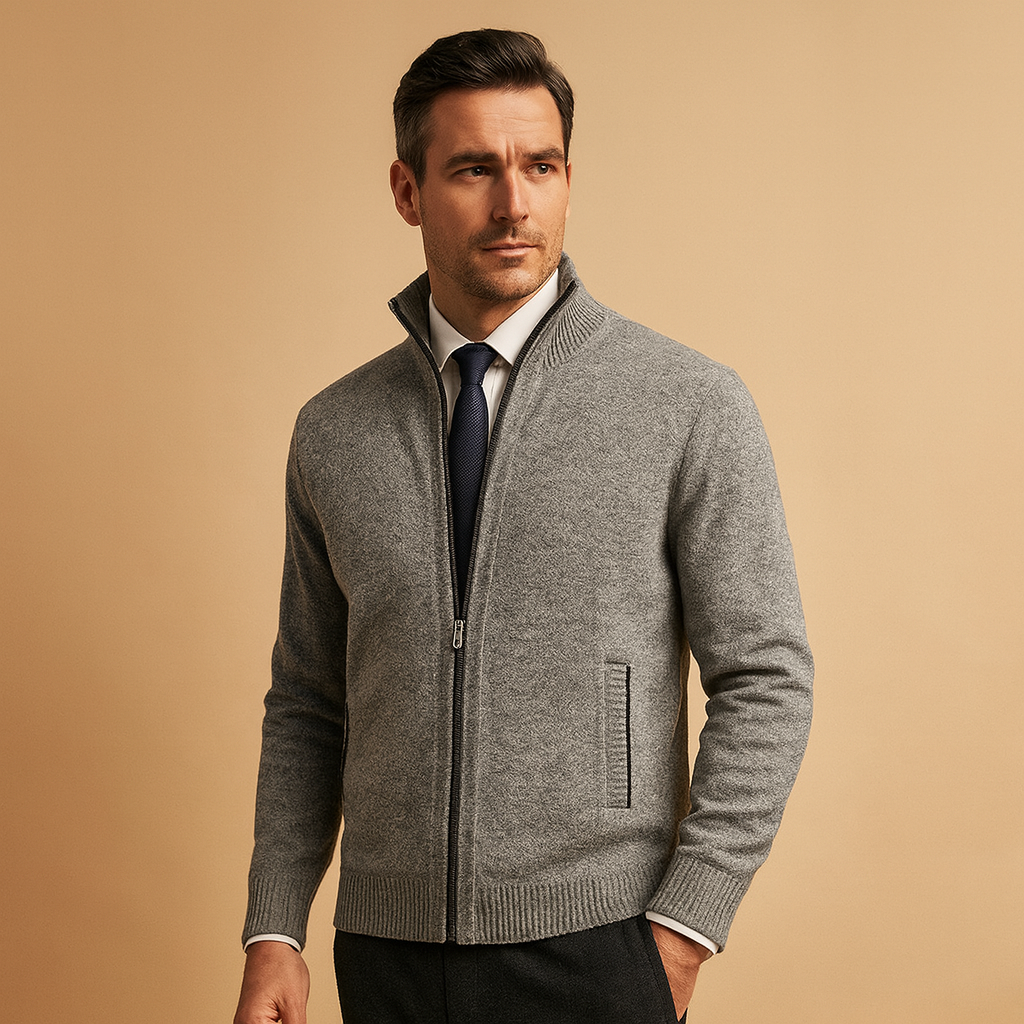 Men's Zip-Up Collared Cardigan | Ribbed Cuffs