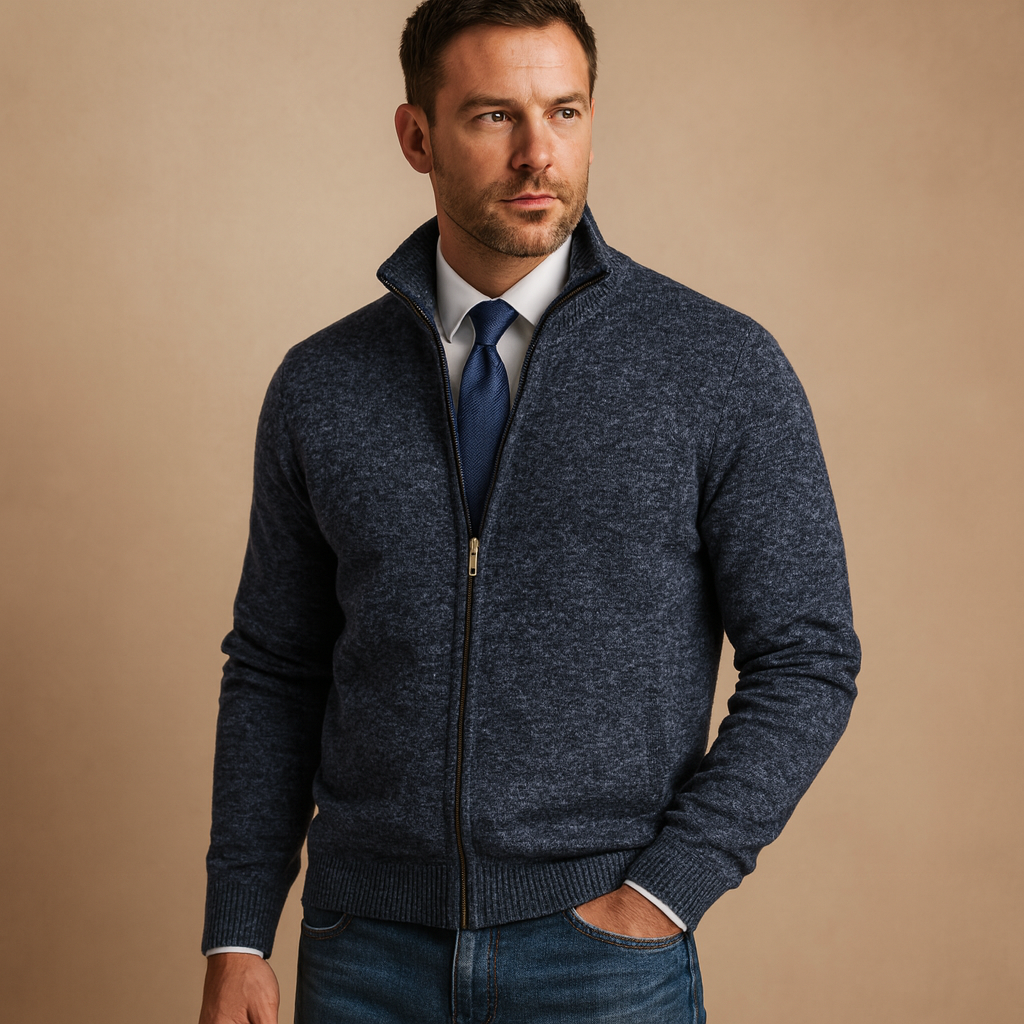 Men's Zip-Up Collared Cardigan | Ribbed Cuffs