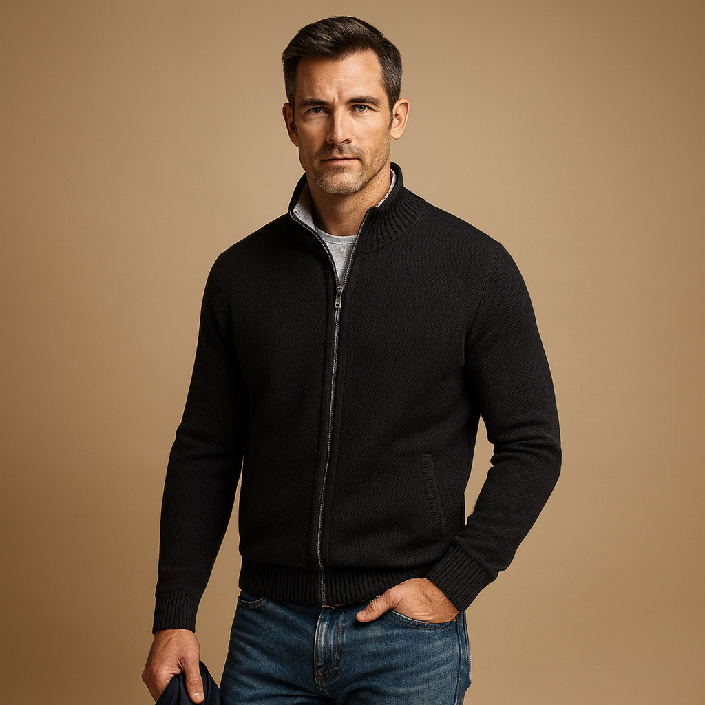 Men's Zip-Up Collared Cardigan | Ribbed Cuffs