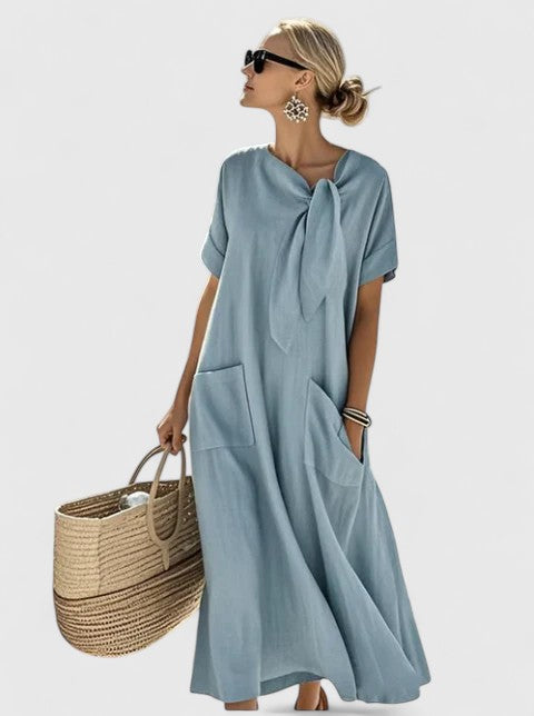 Women's Tie-Neck Short Sleeve Dress | Maxi