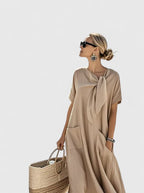 Women's Tie-Neck Short Sleeve Dress | Maxi