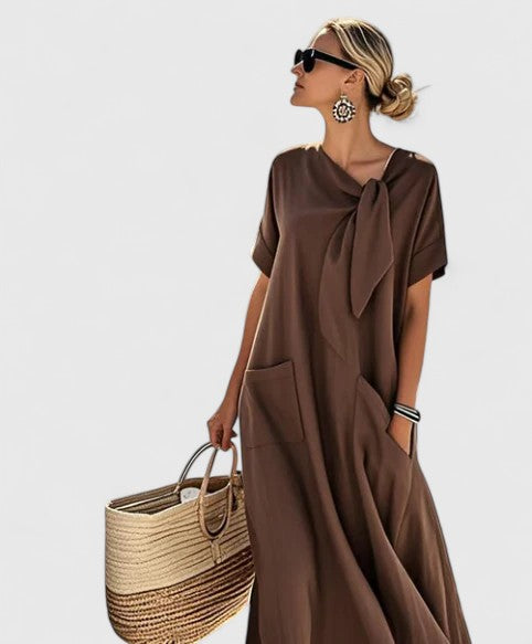 Women's Tie-Neck Short Sleeve Dress | Maxi