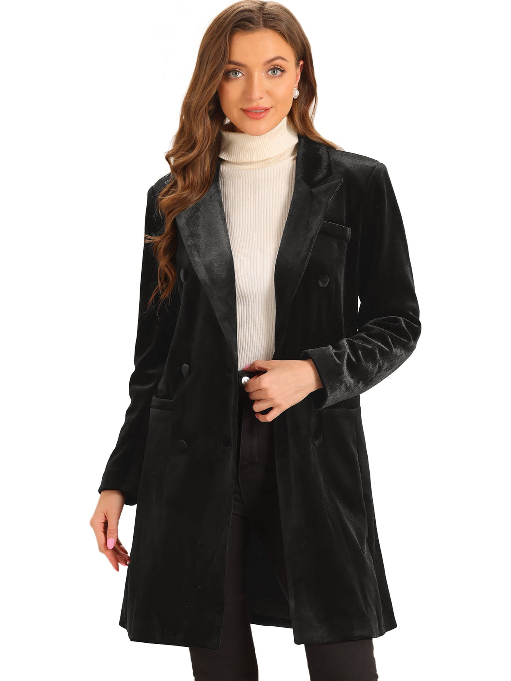 Women's Double Breasted Pockets Winter Coat | Long