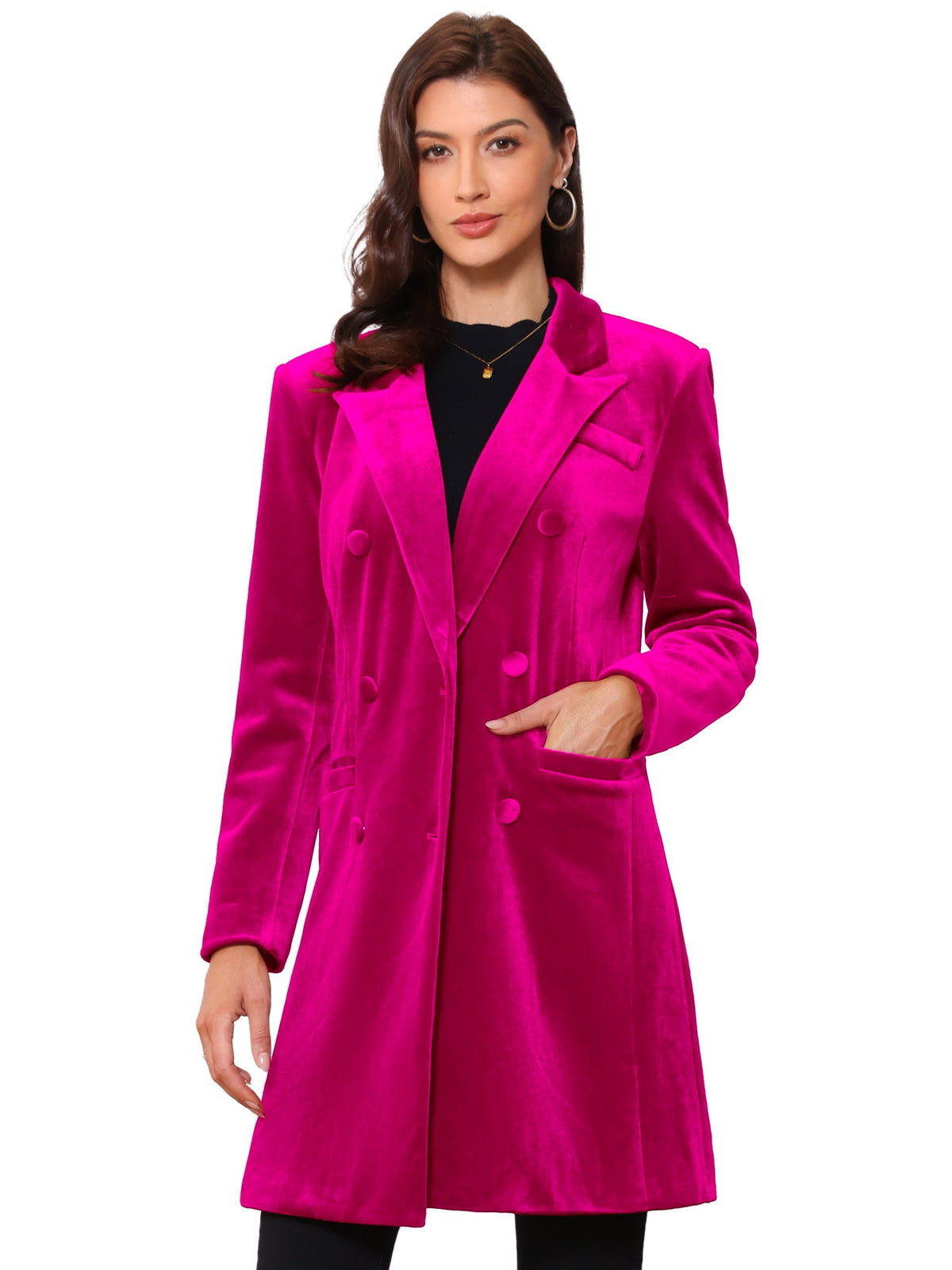Women's Double Breasted Pockets Winter Coat | Long